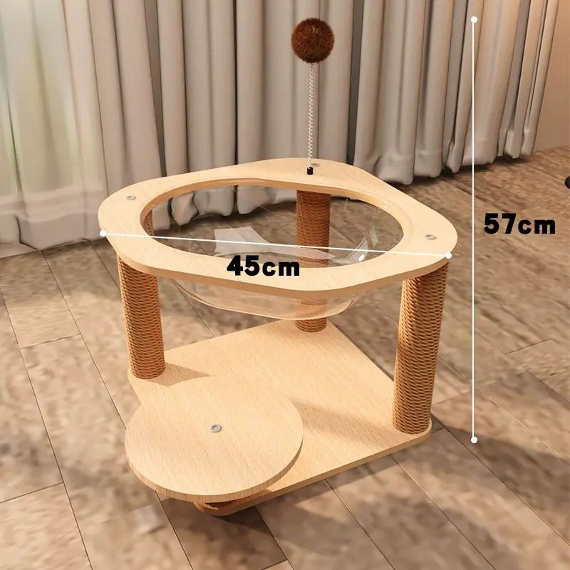 This cat tree/cat tree combo features a unique design, providing a dedicated play area