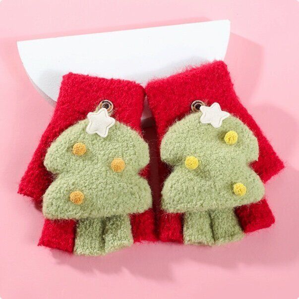 翻蓋毛絨半指手套(建議年齡：6-12歲  DRST28;紅色)