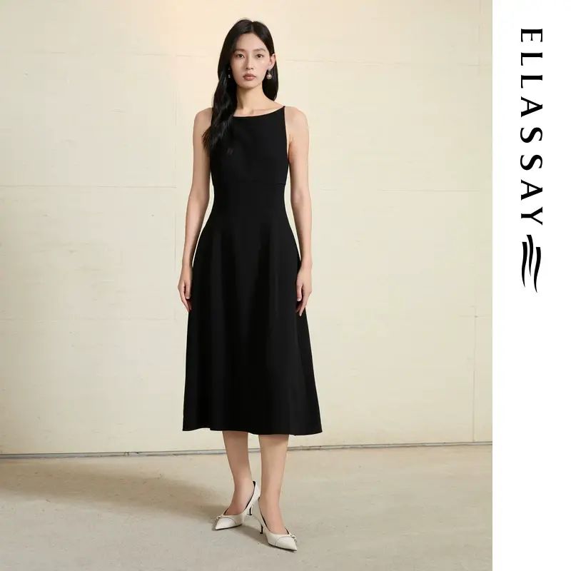ELLASSAY歌力思奧萊2025夏季新款高級黑色無袖收腰連身裙女EWD365-經典黑 XS