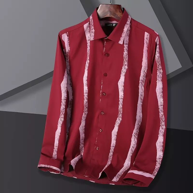 时尚印花长袖衬衫男春秋季免烫抗皱高级感寸衫竹纤维商务休闲衬衣