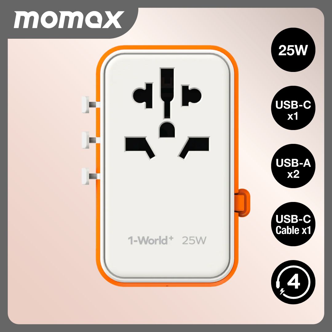 1-World+ 25W 3-插口 內建 USB-C 充電線 + AC 旅行充電插座 橙色 UA20UKM