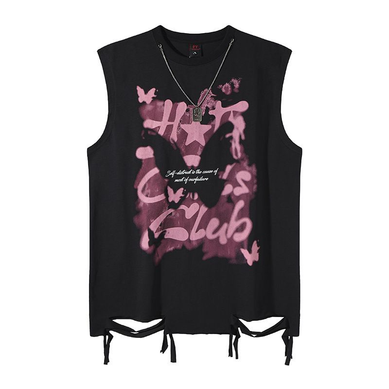 Trendy Lettering Print Bottom Tattered Niche Design Sleeveless T-Shirt Men Summer Couple Candleback