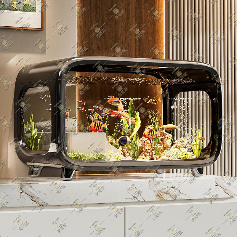 家用桌面魚缸【魚缸+爬架|40*22.7*25.5cm|黑色】透明帶蓋水族箱 創意生態金魚缸 客廳裝飾造景觀賞烏龜缸 桌上金魚缸烏龜缸 寄居蟹缸 爬寵專用缸 - HG4025-BK