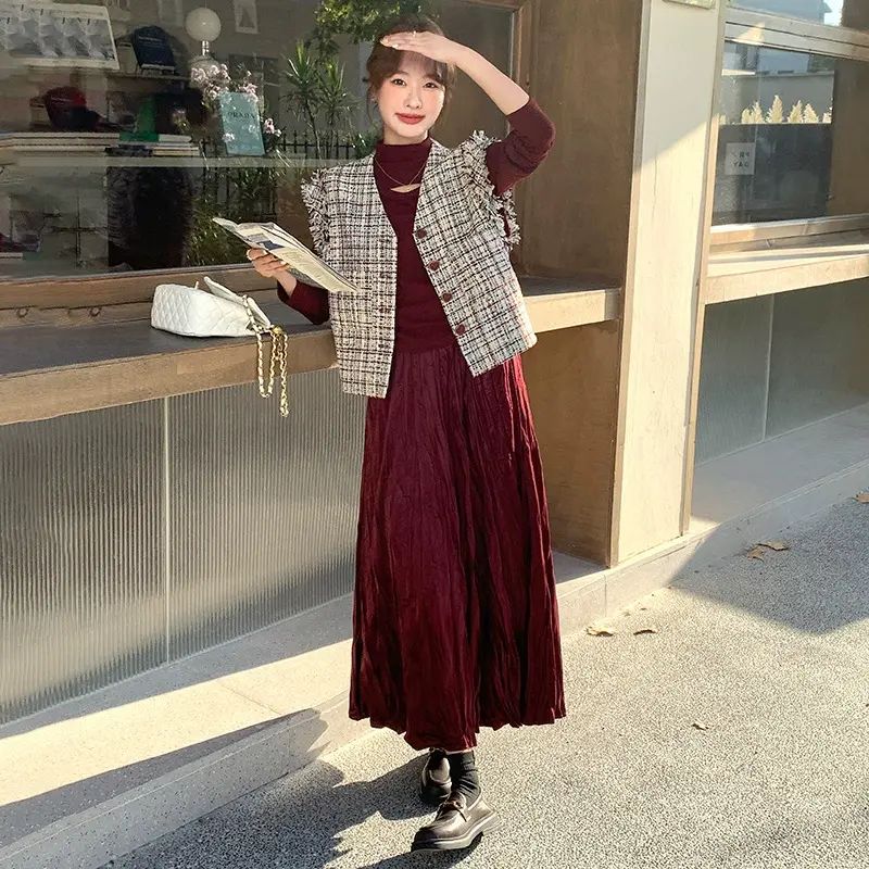 時尚休閒套裝秋冬季新品女裝流蘇馬甲背心針織衫半裙三件套