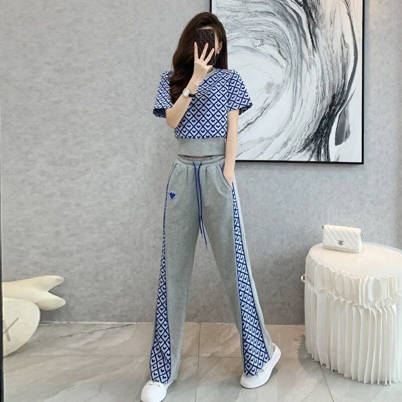 新款歐貨運動套裝女夏 時尚氣質闊腿褲兩件套 休閒減齡熱賣款- 藍色 S