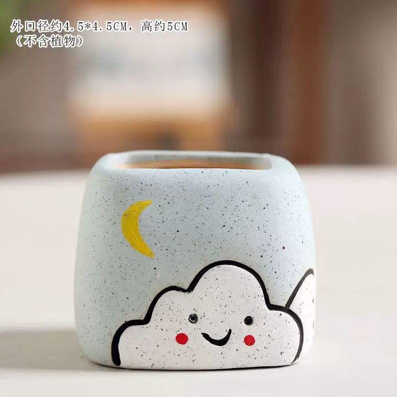 小白雲多肉花盆創意個性可愛卡通粗陶彩繪陶瓷桌面透氣控型拇指盆