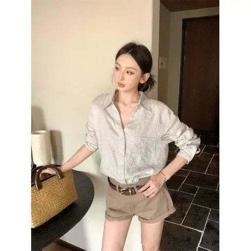 kumikumi時尚套裝寬鬆百搭長袖恤衫女夏季高腰顯瘦休閒短褲兩件套-亞麻色襯衣 均碼-款式1
