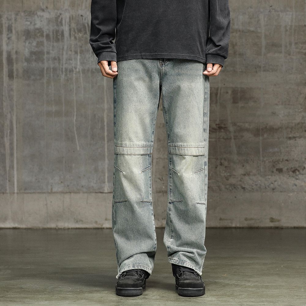 新款美式复古拉链直筒牛仔裤男款潮牌水洗高街宽松拼接时尚男裤子
