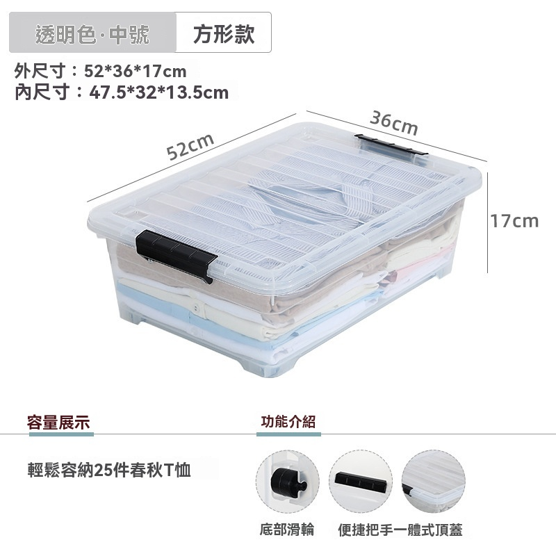 （方形款）中号 52x36x17cm 扁平床底下收纳盒 带轮带盖储物箱 大号收纳箱 方形透明收纳盒子