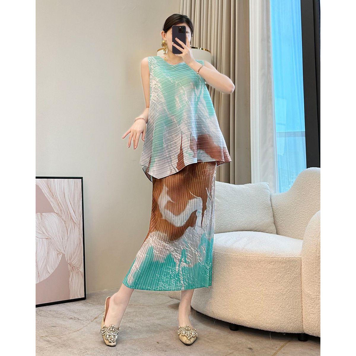 洋氣減齡時尚套裝女圓領無袖背心上衣女半身裙褶皺休閒兩件套