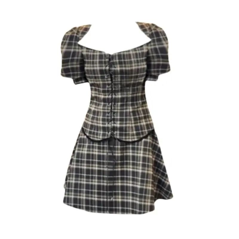 Dress  temperament  socialite  high end femal            dark green plaid     dark green checkered 