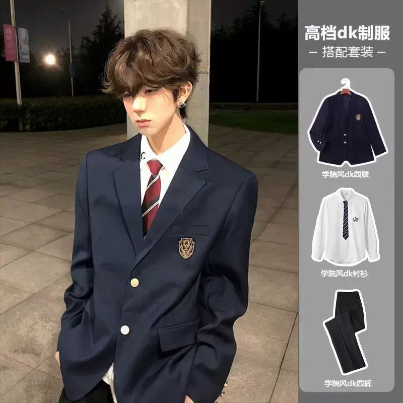 piece suit including a navy blue suit  a white shirt  and black pants with a tie included  M Style 1