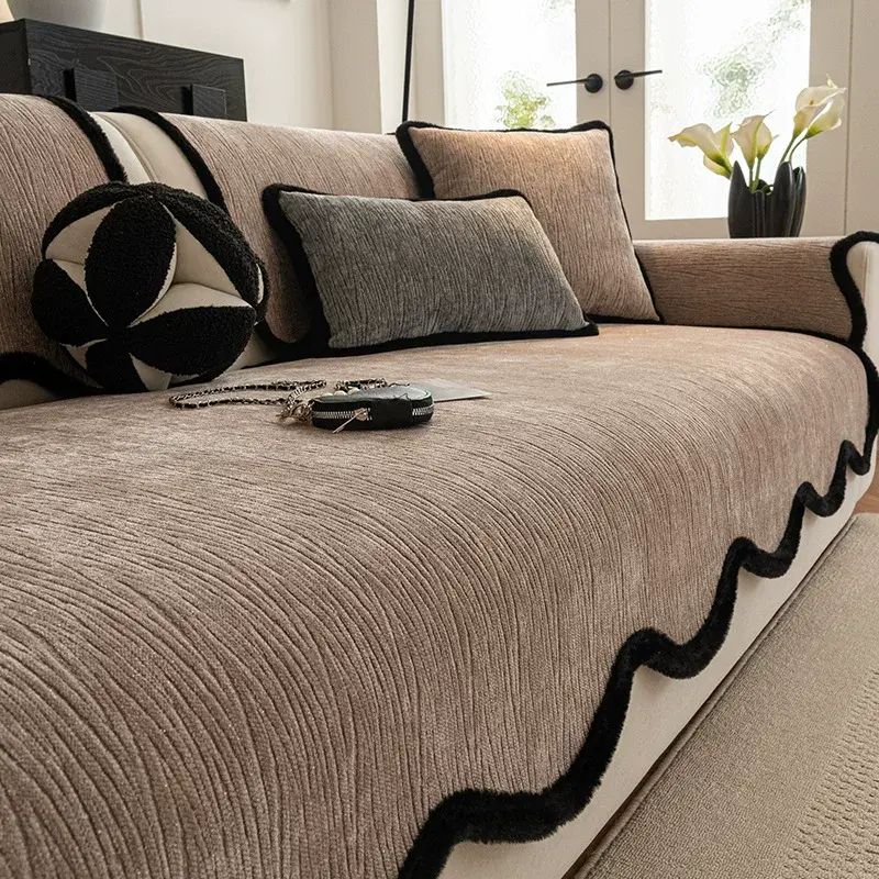 轻奢感加厚雪尼尔沙发垫一片式固定防滑皮沙发套罩