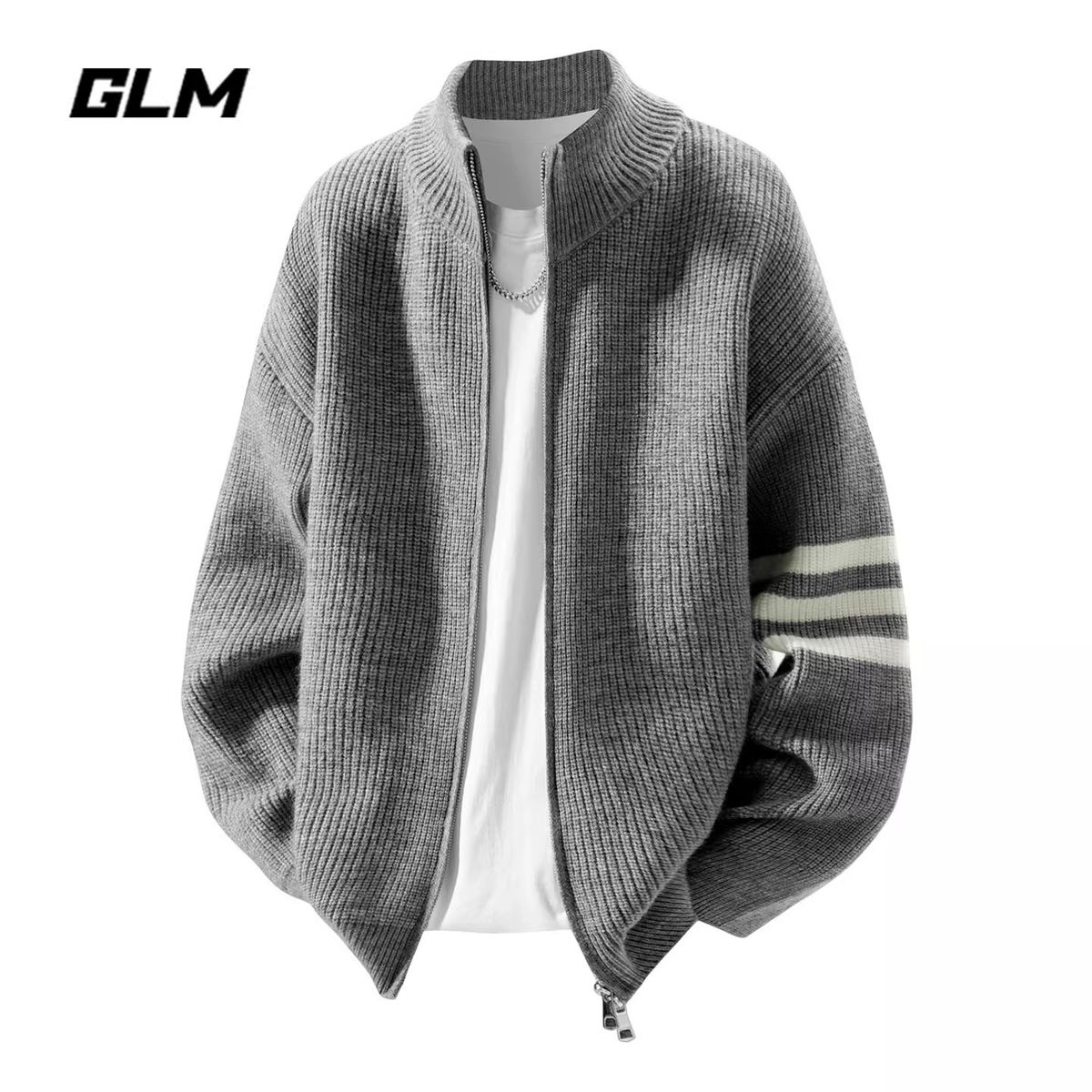 立领开衫毛衣男秋季酷帅外套三条杠针织衫-灰色 L