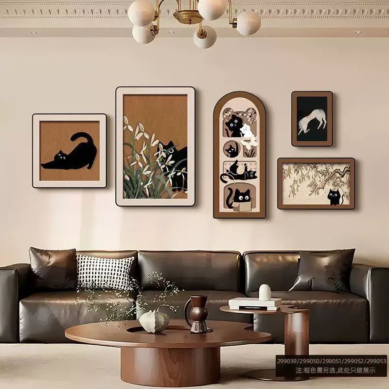 惬意时光客厅装饰画中古风法式复古沙发背景墙挂画高级感组合壁画