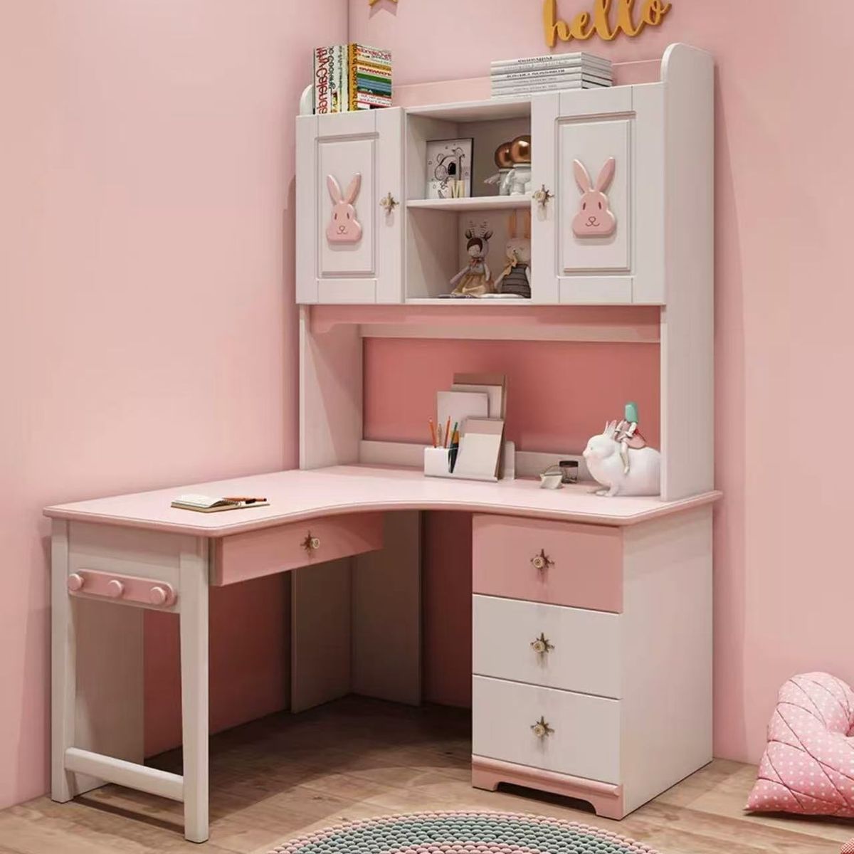 高身转角电脑枱书枱书架组合一体书柜粉色写字枱儿童学习枱储物柜120CM（不含凳）