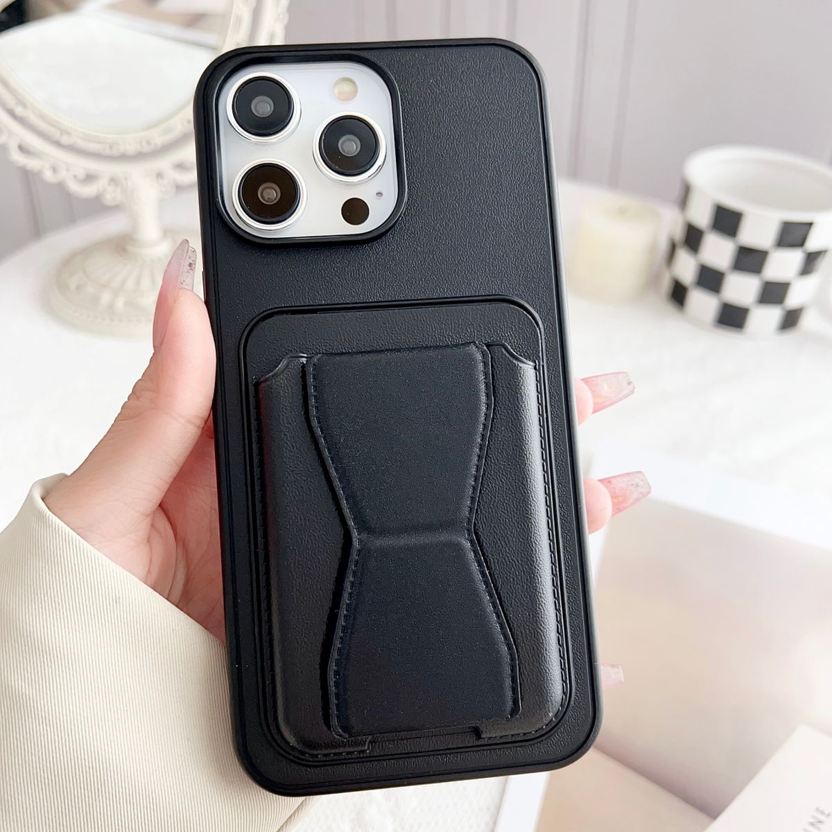 升级版多功能卡包车载支架壳适用iPhone16Pro手机壳简约保护套高端商务15promax-黑色 iPhone 16 Pro Max