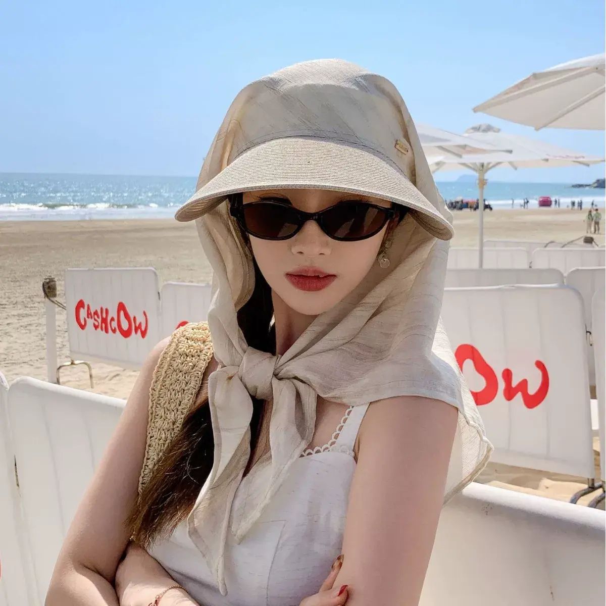 Silk scarf straw hat women's sun protection hat summer anti-UV new style shawl neck guard sunshade 
