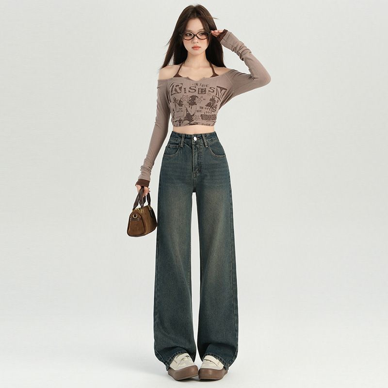 女装美式复古水洗阔腿牛仔裤女秋冬季季腰显瘦百搭拖地裤子