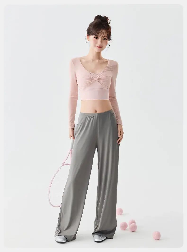  with Bra Cup Casual Long Sleeve Fitness Top  Model Outfit Ballet Pink Top   Gray Trousers S Style 3