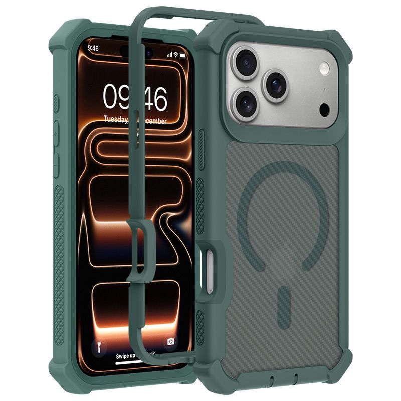 iPhone 17 Pro Max Case 太空款碳纖維紋磁吸手機殼 盔甲殼 防跌落電話保護殼 四角防摔 墨绿色