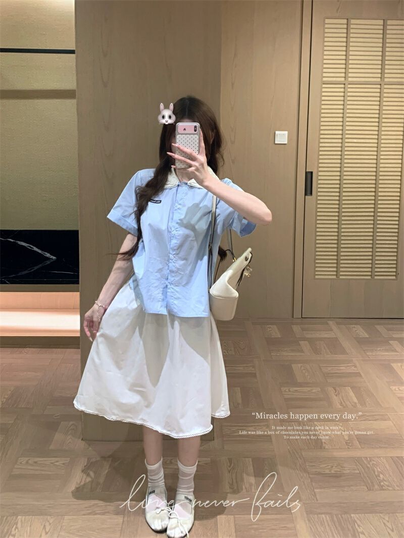 Shooted Baby Blue Blouse and Skirt Set-White half skirt S