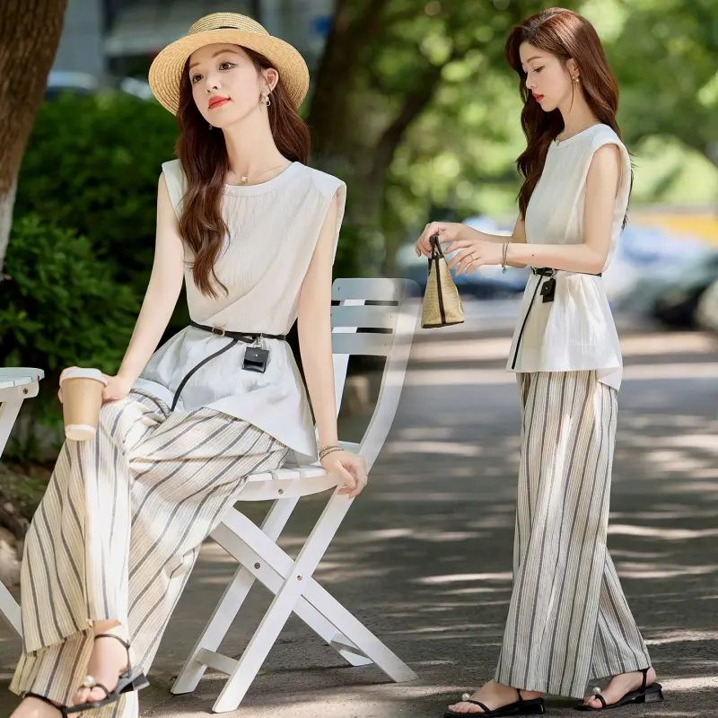 套裝女2026夏季新款高階輕熟系薄款馬甲條紋闊腿長褲兩件套WW2522