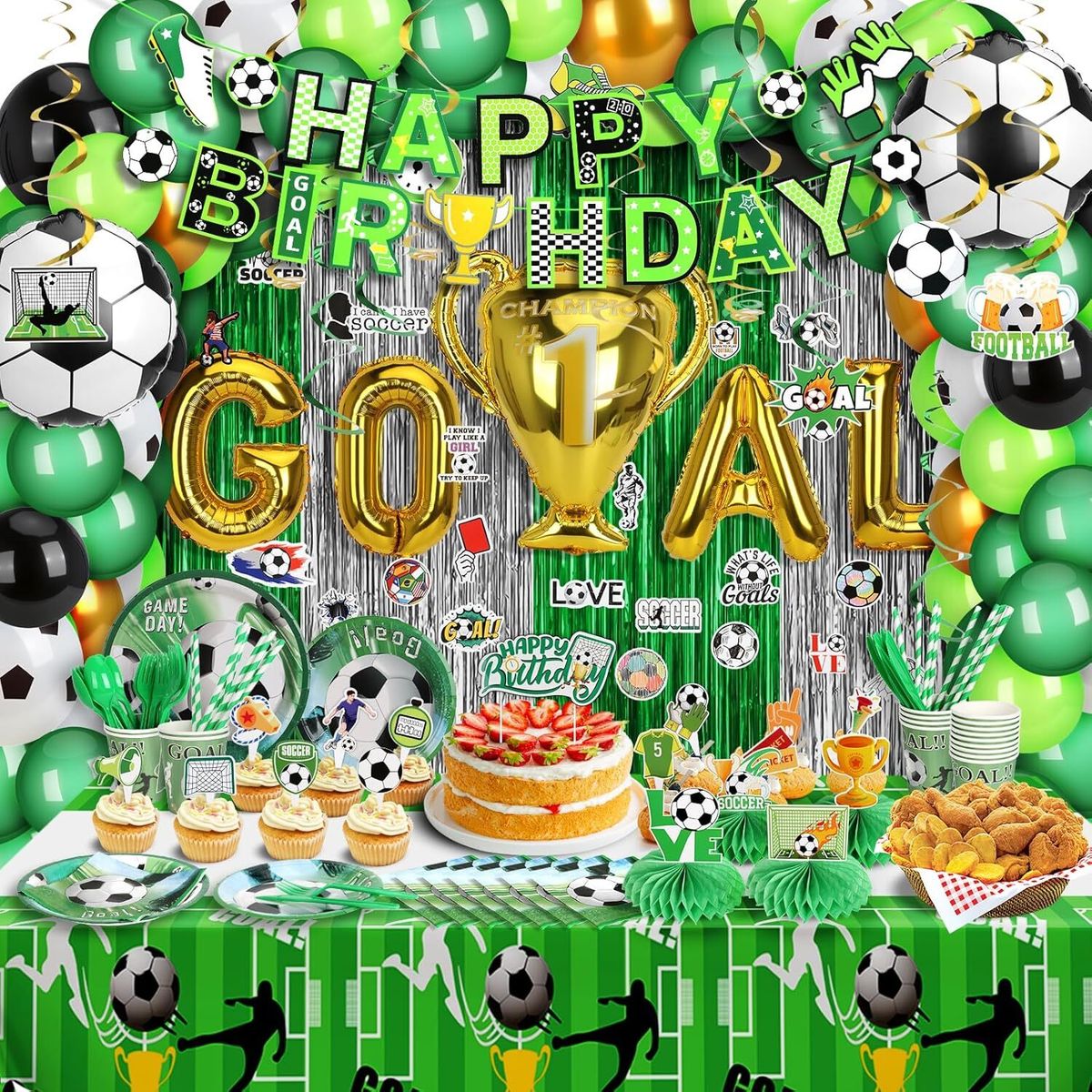 255PCS Green Soccer Birthday Party Supplies Including Tablecloth Curtains Happy Birthday Banner