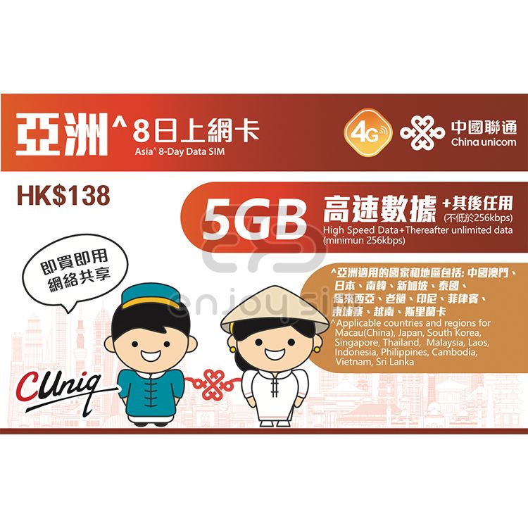 8-Day【Asia】(5GB) 4G/3G Unlimited Data SIM Card S08(00447)(Random Packaging)