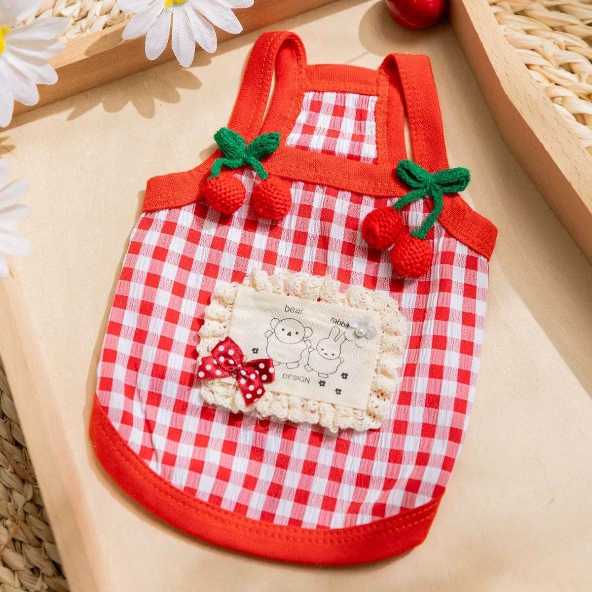 Spring and Summer New Cat Clothes Handmade Cherry Suspender Thin Breathable Two-Leg Vest Blue
