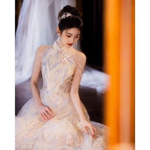 Beautiful Engagement New Chinese Champagne Evening Dress Schoolgirls' Day  Adult Ceremony Immortal | Color : Champagne | Size : XS