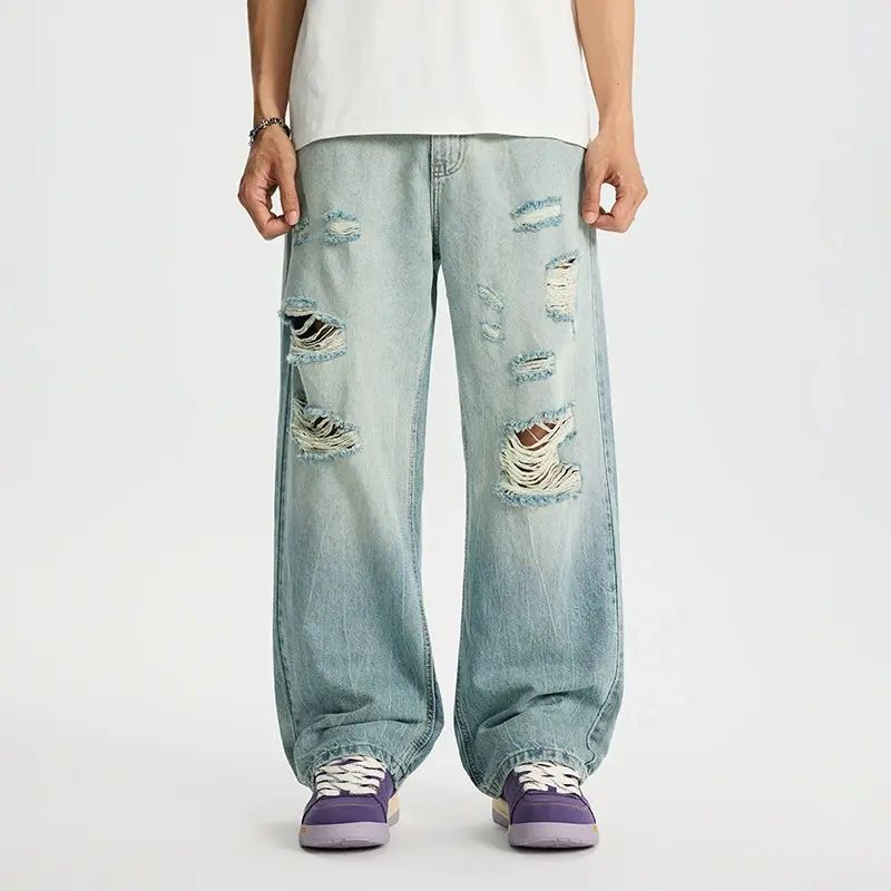 冰丝破洞牛仔裤男夏季垂感直筒裤子美式潮流宽松新款莱赛尔阔腿裤