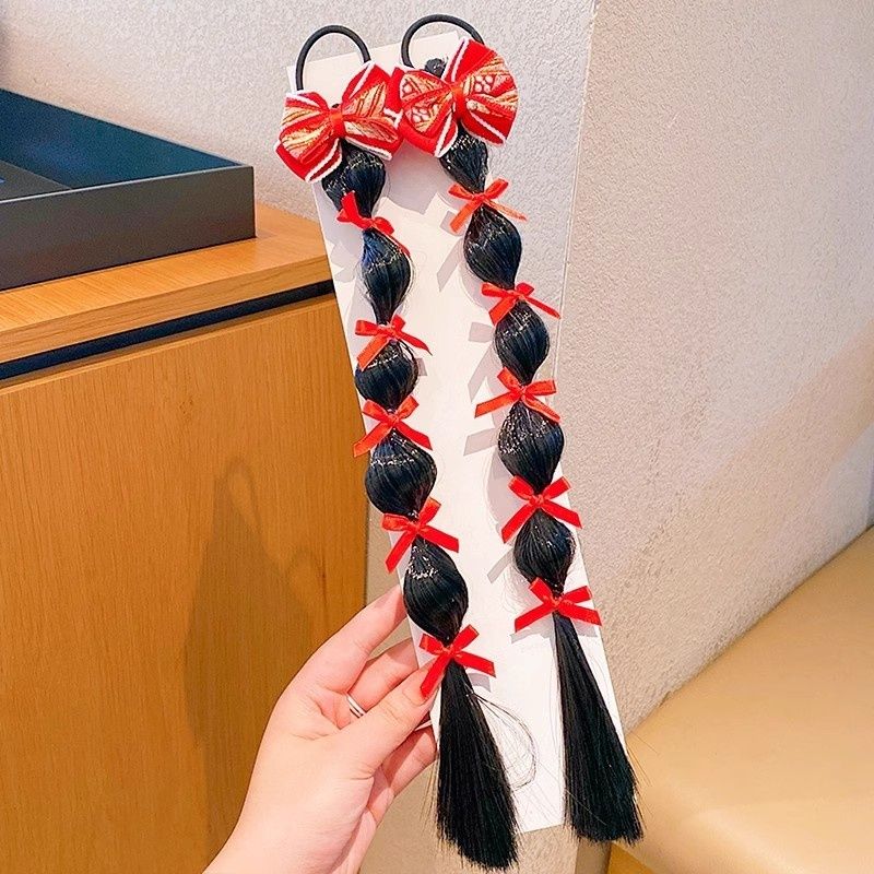 兒童假髮辮子 - 兒童發飾 新年發飾 新年紅色甜酷假髮辮子頭飾 甜美泡泡辮麻花辮子-3#蝴蝶結假發壹對/T3