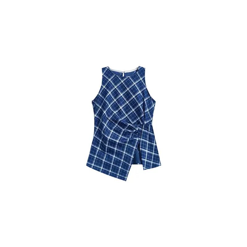 Irregular sleeveless plaid top  wide leg pants set  two piece set  Western style fas Checkered shir