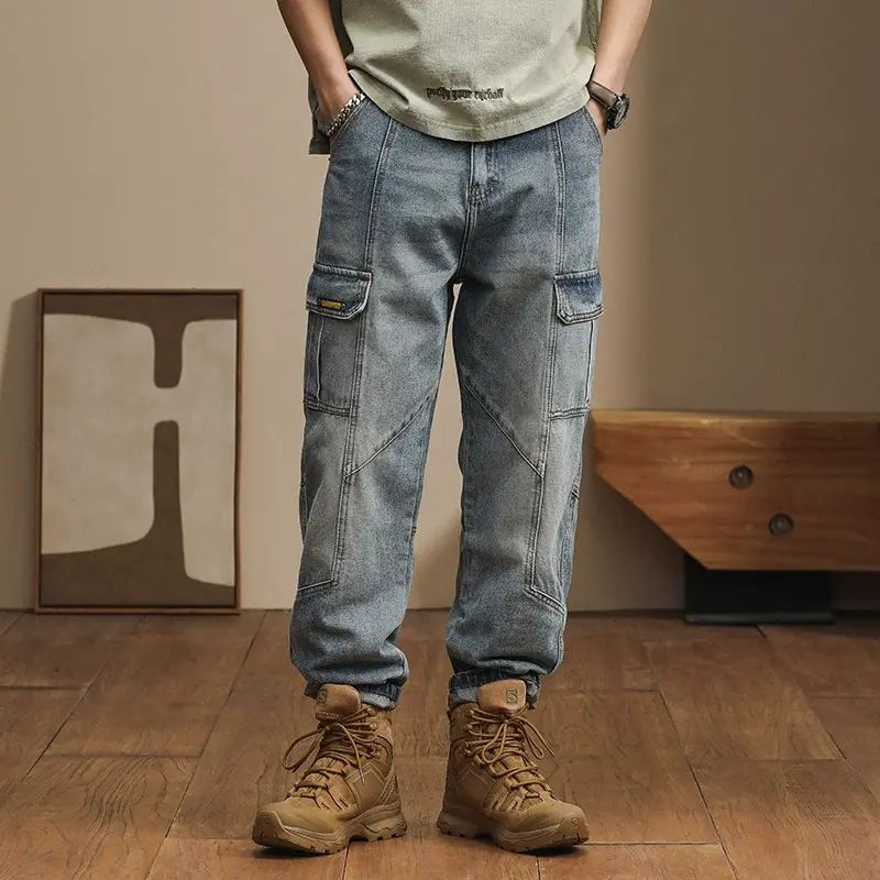 美式拼接牛仔復古多口袋工裝牛仔褲男新款寬鬆直筒肥佬寬鬆長褲子
