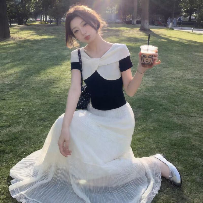Gently tie and wear retro Hong Kong style French high-end small dress suit skirt two-piece women's 