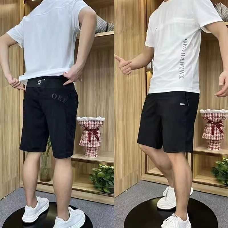冰絲男裝休閒套裝 夏季薄款短褲短袖 透氣彈力運動套裝- 黑色短褲 M