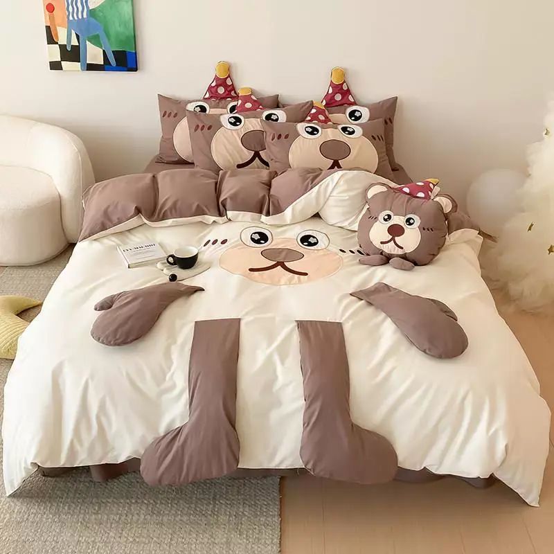 少女心可爱粉怪兽全棉水洗棉四件套儿童纯棉床单被套
