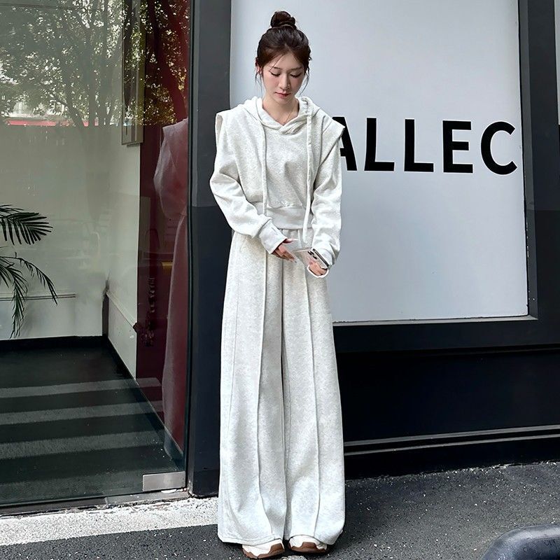 高级感运动服套装女春季气质宽松假两件连帽卫衣时尚阔腿裤两件套-白灰色 L