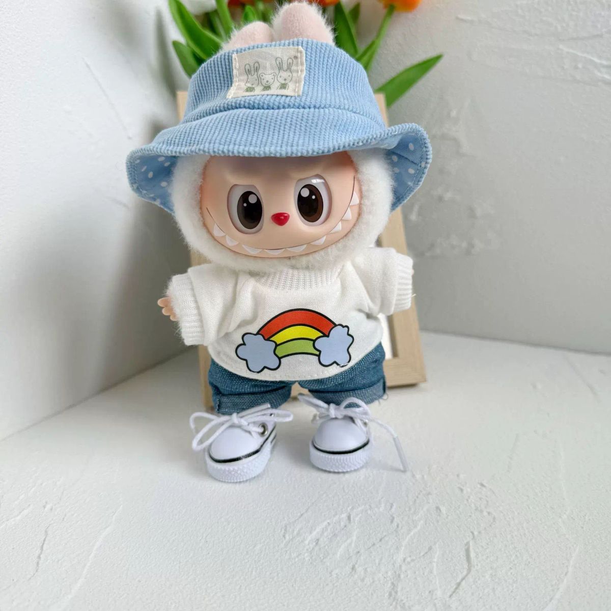 一代二代盲盒挂件衣服labubu 拉布布坐坐衣服粉色彩虹T牛仔裤