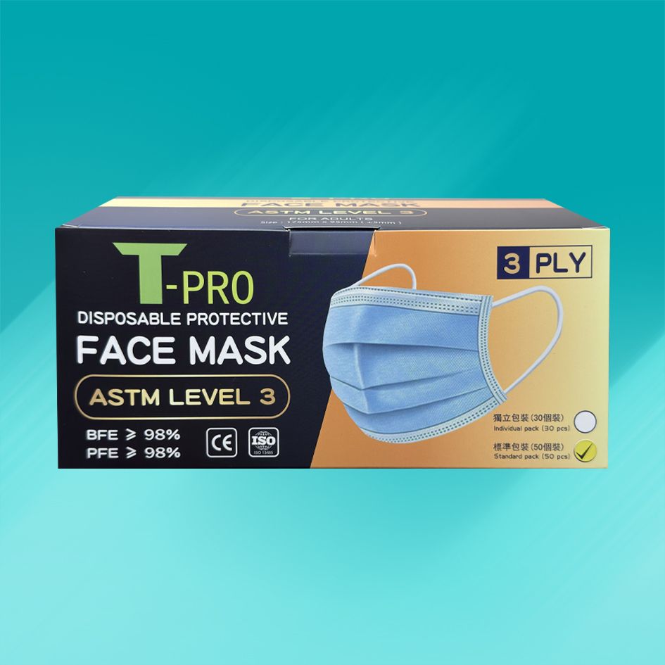 T-PRO Disposable Protective Face Mask (175x95mm, 50 pcs/Box) 3-Ply Level 3 Surgical Mask with Ear