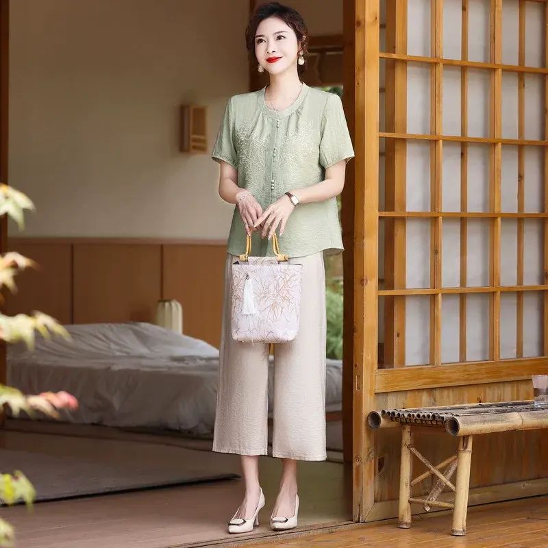 母親節媽媽裝夏季套裝新中式國風襯衫中老年女人夏裝洋氣兩件套