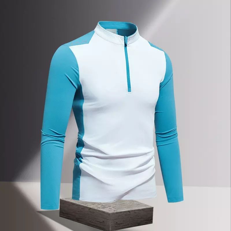 运动跑步t恤男体育训练骑行半高拉链立领速干衣健身插色长袖上衣