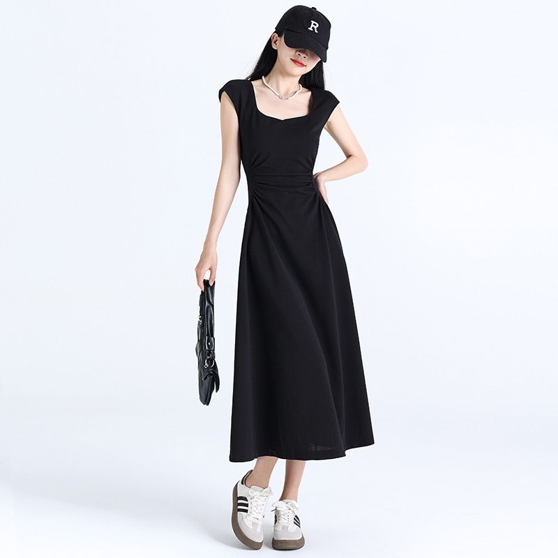 Women's summer waist cinching slimming black dress new versatile slim fit suspender long skirt