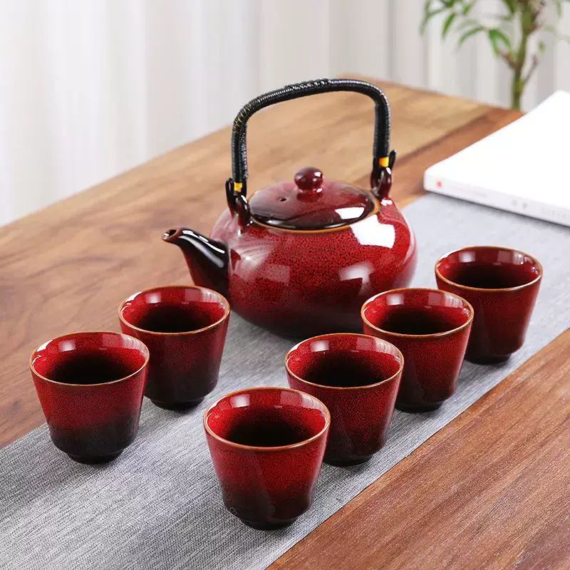 Japanese-style lifting kettle six-cup Kung Fu tea set home simple ceramic living room tea table off