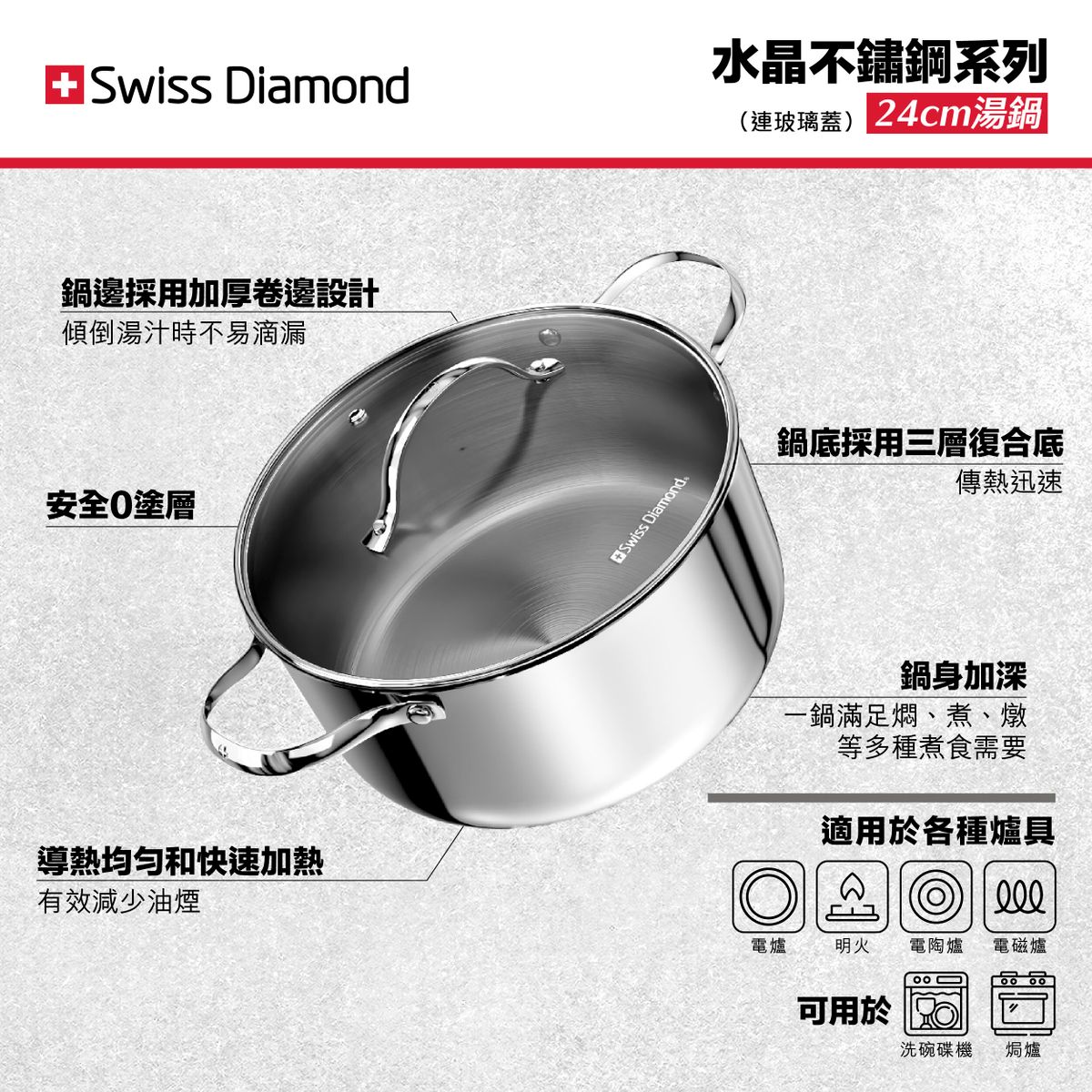 Swiss Diamond | 水晶不鏽鋼系列24cm湯鍋| HKTVmall 香港最大