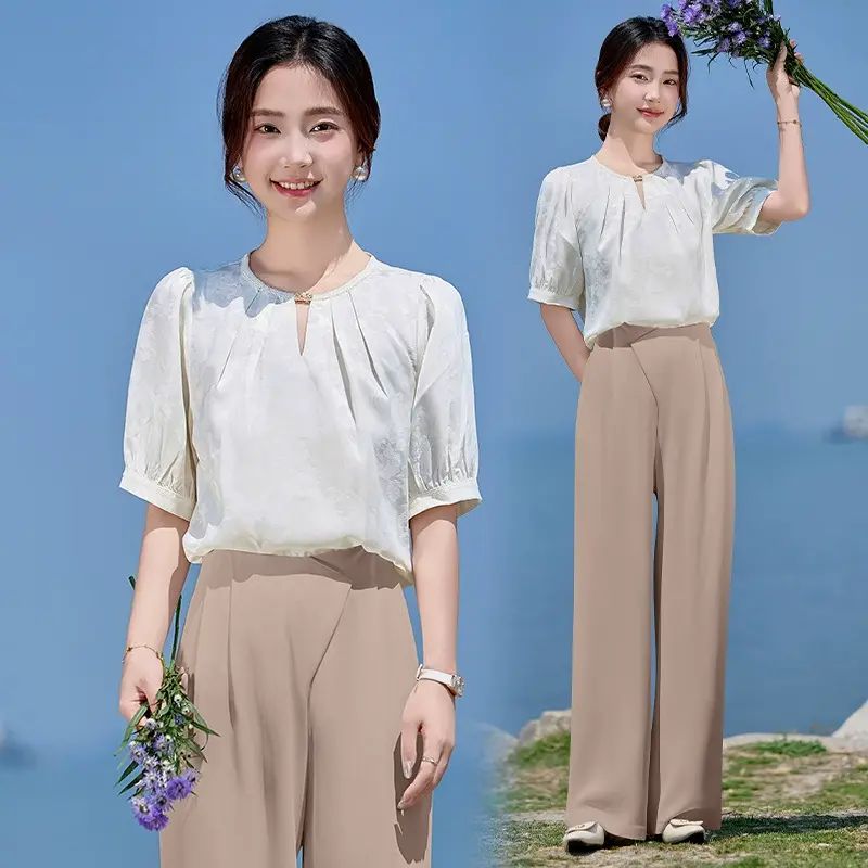 時尚休閒套裝2026夏季新款女裝印花短上衣闊腿褲兩件套 HR851-6