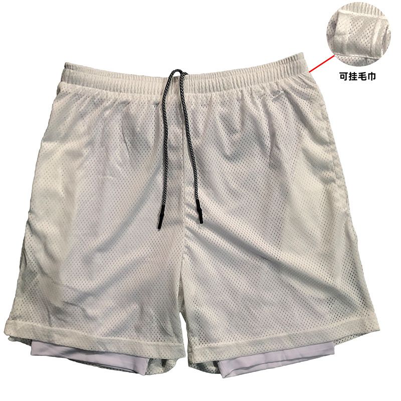 疯狂肌肉男士跑步运动短裤健身训练速干透气洞眼假两件纯色慢跑裤-白色 XL