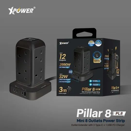 XPOWER | XPower Pillar 8 PL8 Mini 12-output switch power strip 8-Outlet ...