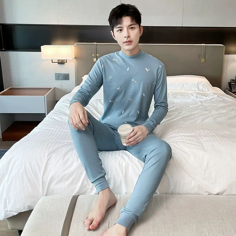 纯棉秋衣秋裤套装男半高领保暖内衣学生中领线衣线裤透气保暖